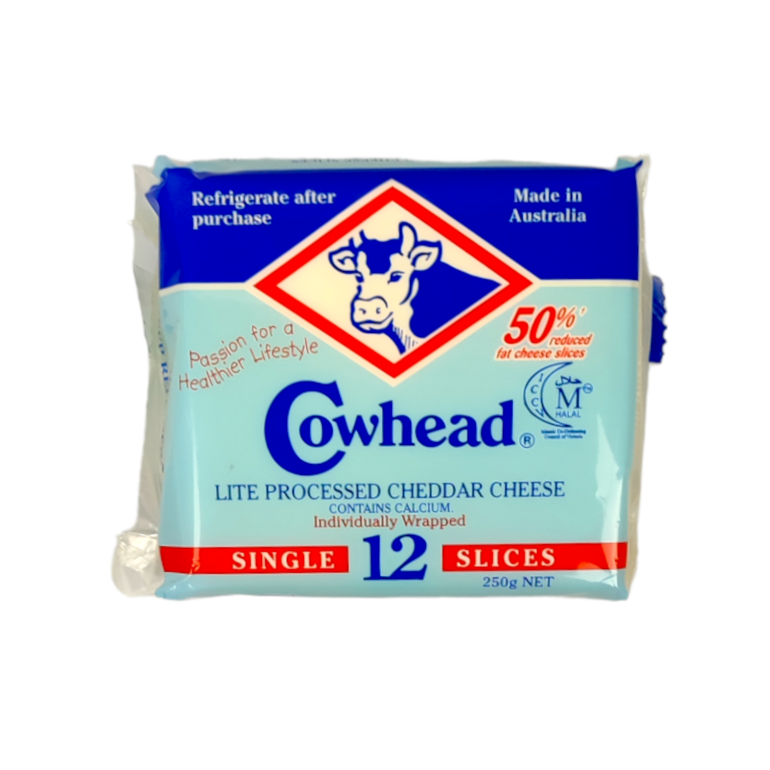 Cowhead Lite Processed Cheddar Cheese Single 12 Slices Size 250g