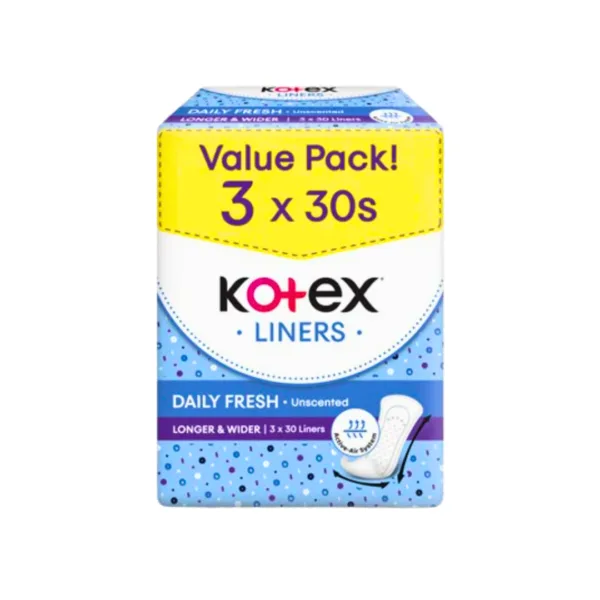 Kotex Liners Daily Fresh Unscented Longer & Wider - 3X30Liners - Image 1