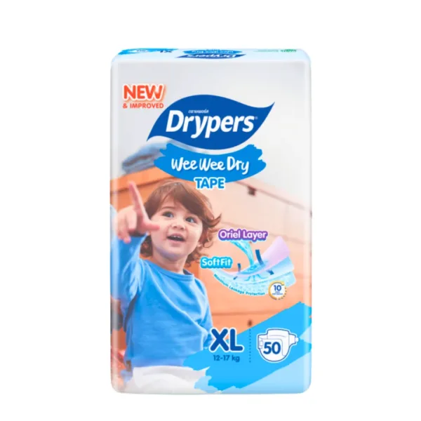 Drypers Wee Wee Dry Tape Soft Fit XL 12-17kg - 50Pcs - Image 1
