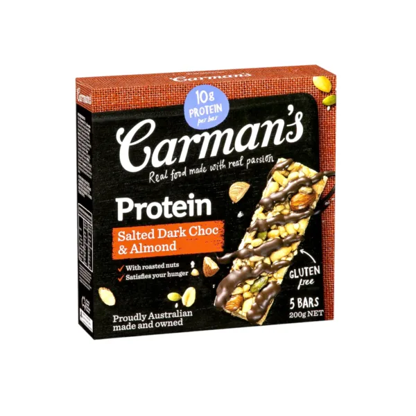 Carman's Protein Salted Dark Choc & Almond 5Bars 200g Carman's Protein Salted Dark Choc & Almond 5Bars 200g - Image 1