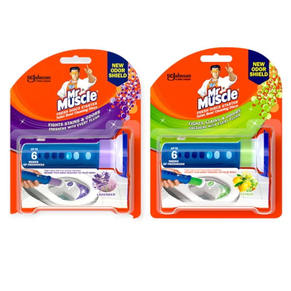 9555222606741-PhotoRoom (1) Mr Muscle Fresh Discs Starter Fights Stains & Odours - 38g - Image 1