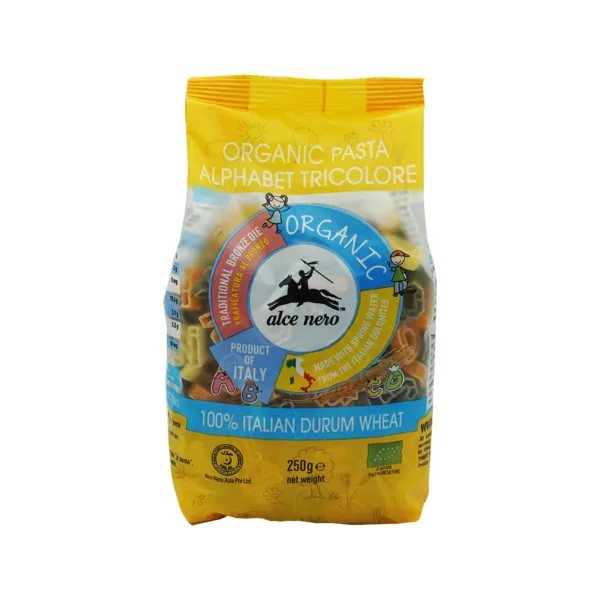 Alce-nero-organic-pasta-alphabet-tricolor.jpg Organic Pasta Alphabet Tricolore Alce Nero 100% Italian Durum Wheat 250g - Image 1