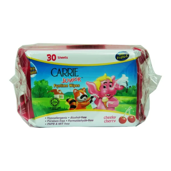 Carrie-Junior-Funtime-wipes-Cheeky-Cherry-30s.jpg Carrie Junior Funtime Wipes Cheeky Cherry Wet Tissue 2x30Sheets - Image 1