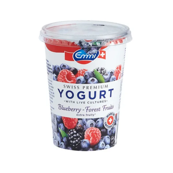Emmi-Yogurt-Blueberry-forest-fruits-450gm.jpg Emmi Swiss Premium Yogurt With Live Cultures Blueberry 450g - Image 1