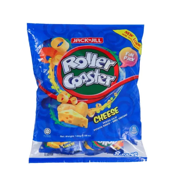 Jack-n-Jill-Roller-Coaster-cheese.jpg Jack 'n Jill Roller Coaster Potato Rings Cheese Flavour 8x18gm - Image 1