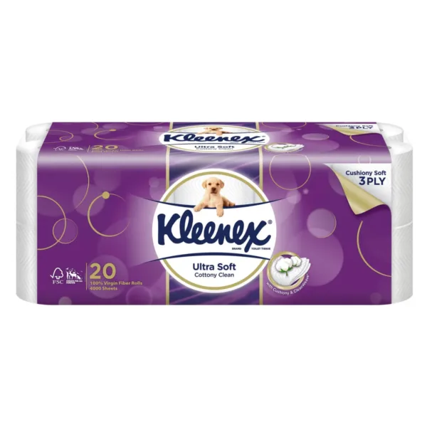 Kleenex-ultra-soft-cottony-clean-toilet-roll-20s.jpg Kleenex Ultra Soft Healthy Clean 3 Ply - 20+4 Rolls - Image 1