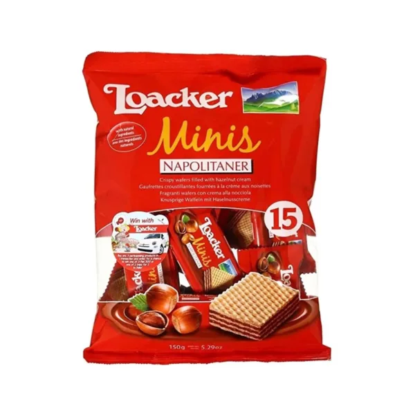 Loacker Minis Napolitaner Crispy Wafer with hazelnut Cream 15x10g - Image 1