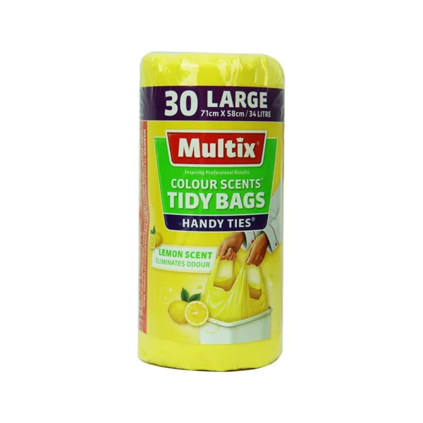 Multix-Tidy-Bags-Handy-Ties-Lemon-Scent.jpg Multix Colour Scents Tidy Bags Handy Ties Lemon Scent Eliminates Odour 71Cmx58Cmx34/Litre-30Large - Image 1