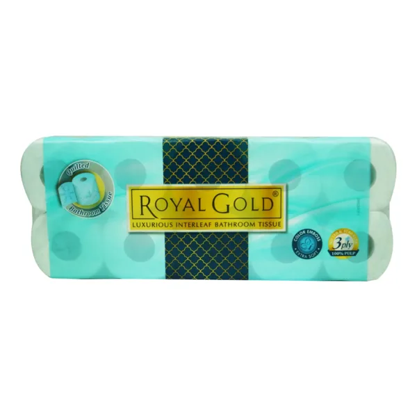 Royal-gold-toilet-roll-10s.jpg Royal Gold Quilted Bathroom Tissue Color Emboss Extra Soft 3 Ply 100% Pulp 10x200 Sheets - Image 1
