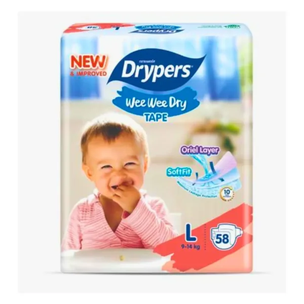 Drypers Wee Wee Dry Tape Soft Fit L 9-14Kg - 58Pcs Drypers Wee Wee Dry Tape Oriel Layer Soft Fit - L (9-14Kg) - 58Pcs - Image 1