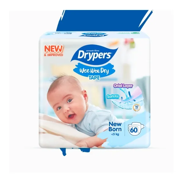 drypers Drypers Wee Wee Dry Tape Oriel Layer Soft Fit - New Born (<5 Kg) - 60Pcs - Image 1