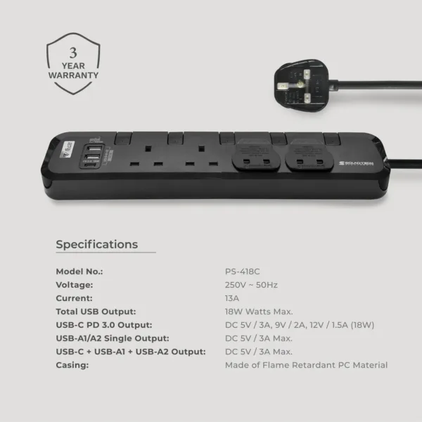 Soundtech Electronic 4Way 3M USB A+C Quick Charger Power Strip With Surge Protection - PS-418C - Image 4